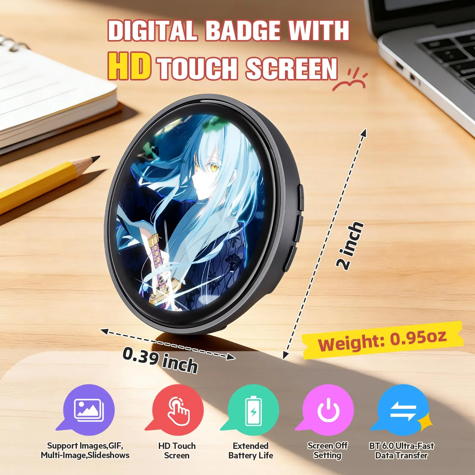 Digital Anime Badge Pin, 1.85" HD Touchscreen Wearable Video Display Brooch. Programmable Electronic Smart Pin for GIFs & MP4s with Wireless Sharing. Customizable LCD Screen for Cosplay, Ita Bags, Conventions & Gifts (450mAh)