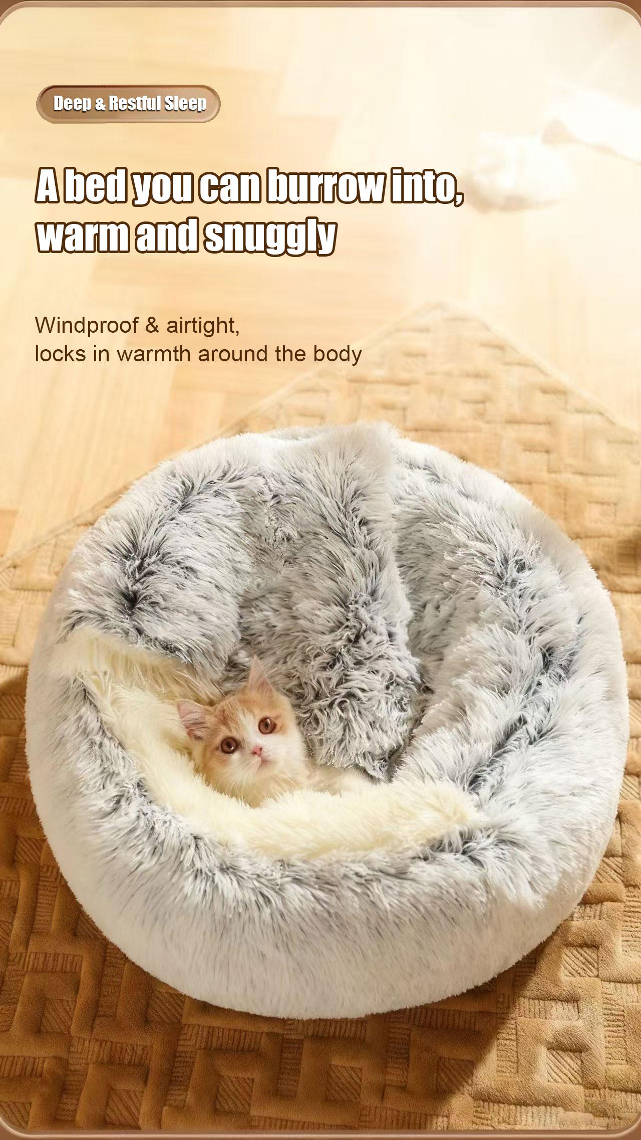 Pet Bed Semi-Enclosed Cat House Shell Design, Winter Warmth All Seasons Use Long Plush Dog Bed, Cozy Pet Nest for Cats & Dogs