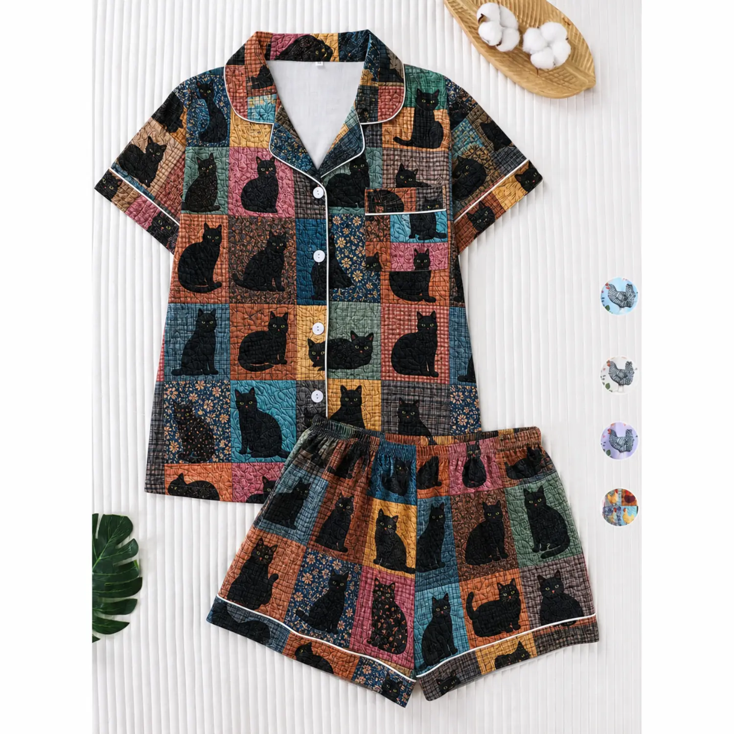 Women's Black Cat Print Short Sleeve Pyjama Set - Two-Piece Sleepwear with Shorts