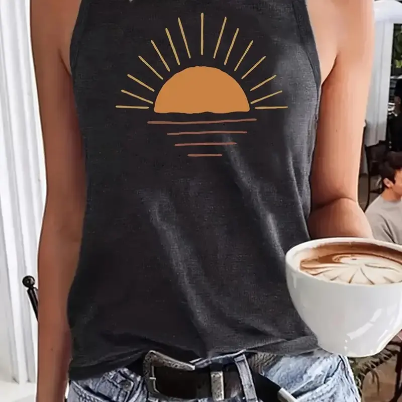 Women's Cartoon Sun Print Round Neck Fitted Stretchy Tank Top, Casual Sleeveless Knit Top for Summer, Ladies Clothes for Daily Wear, Fitted Tank Tops