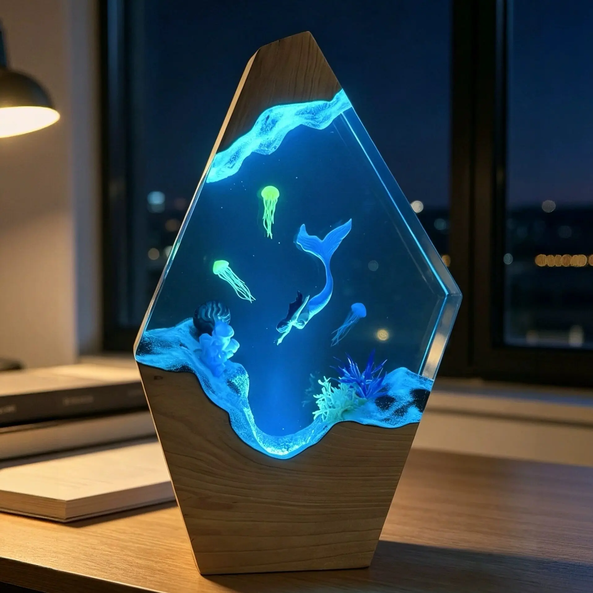 Ocean Creative Resin Lamp Handmade Mermaid Underwater Landscape Resin Night Light Multi-color LED Lighting Ornaments, USB Powered Soft Blue Ambient Light, Eye-catching Decor for Bedroom, Vanity, Study, Romantic Present for Girls