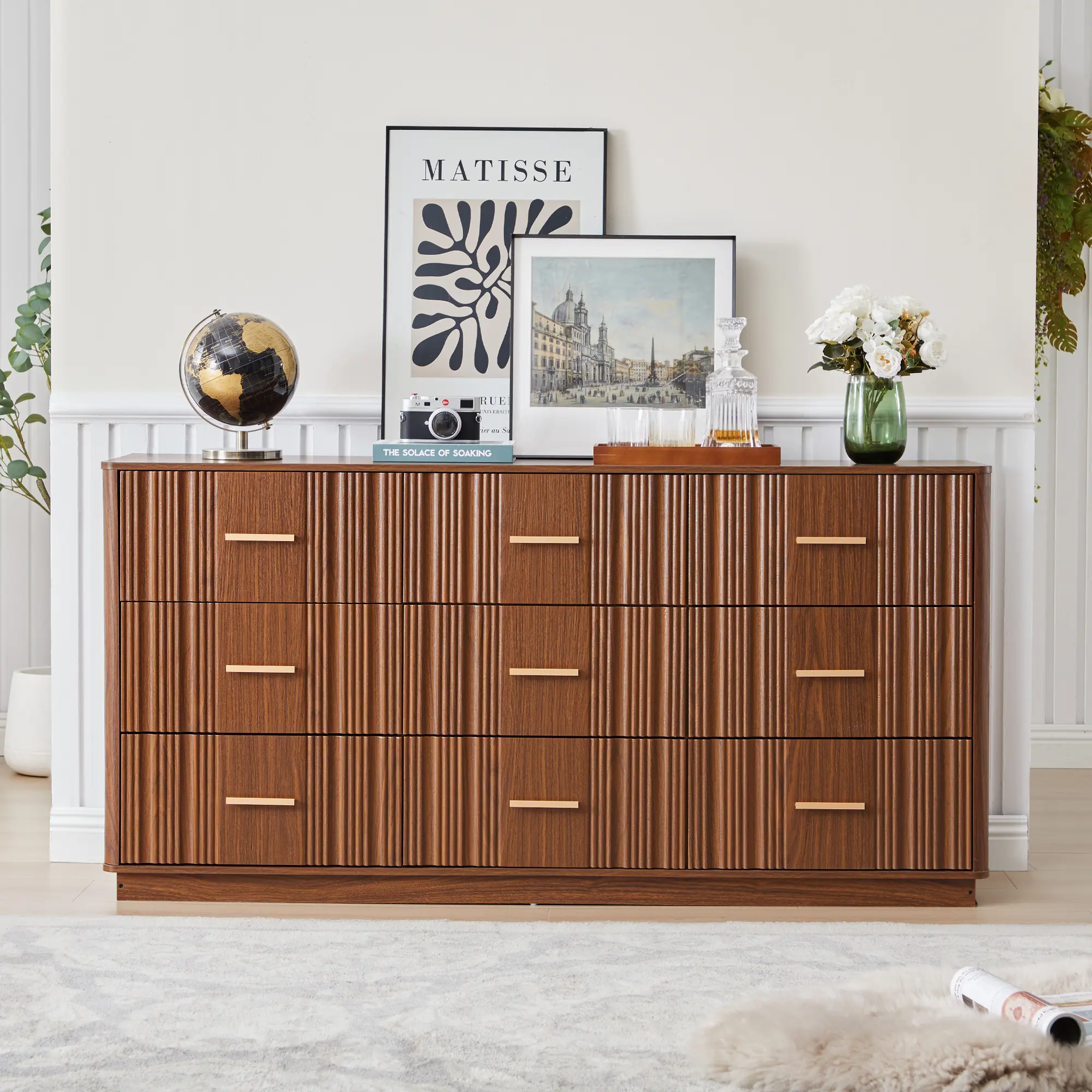 Giratree 59" Fluted Dresser with 9 Drawers, Mid-Century Modern Wooden Drawer Chest, Storage Organizer Cabinet for Bedroom, Living Room, and Hallway