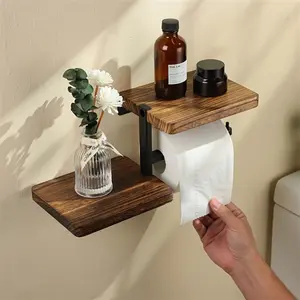 1pc Wall-Mounted Toilet Paper Holder with Shelf - Rustic Wood Bathroom Storage Rack for Tissue Rolls, Glassware, and Accessories, Space-Saving Organizer for Kitchen & Bathroom, Toilet Accessories, Bathroom Decor Supplies
