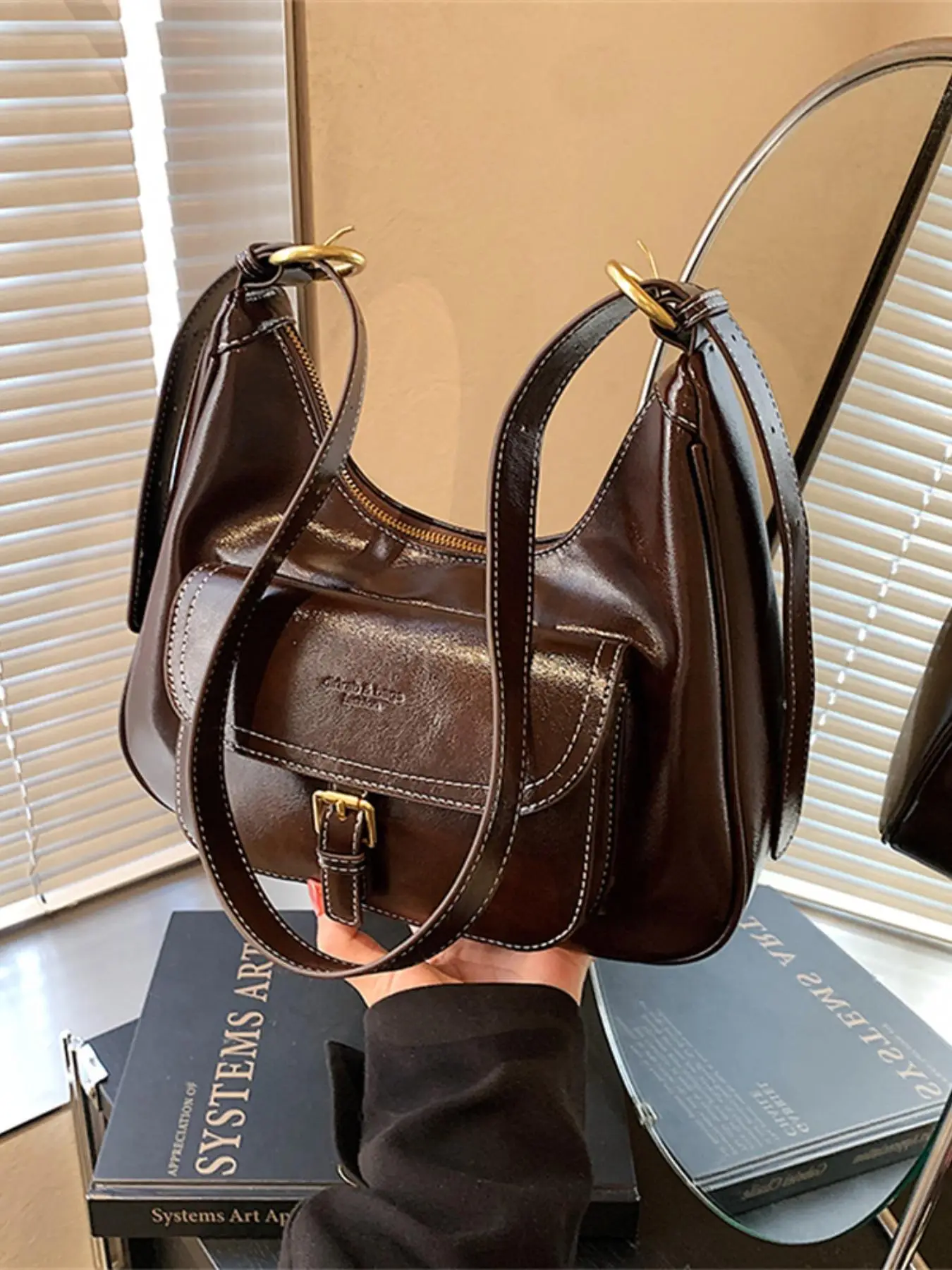 Women's Solid Color Belted Design Hobo Bag, Fashionable Pu Leather Shoulder Bag for Daily Used, Casual Trendy Versatile High-quality Daily Commuting B