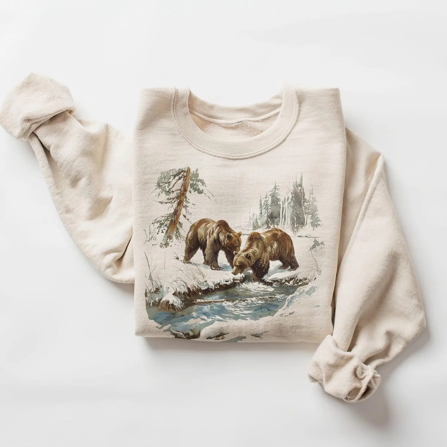 Retro Grizzly Bears Wilderness Scene Sweatshirt - Nineties 90s Vintage Brown Bear Outfit - Boho Unisex Crewneck Sweatshirt KQ
