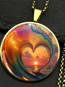 Heart-Shaped Wave Sunset Pendant Necklace - Zinc Alloy Glass Dome, Romantic Ocean Themed Jewelry, Perfect Gift for Beach Lovers & Valentine's Day, Ideal for Daily Wear & Vacation Souvenirs