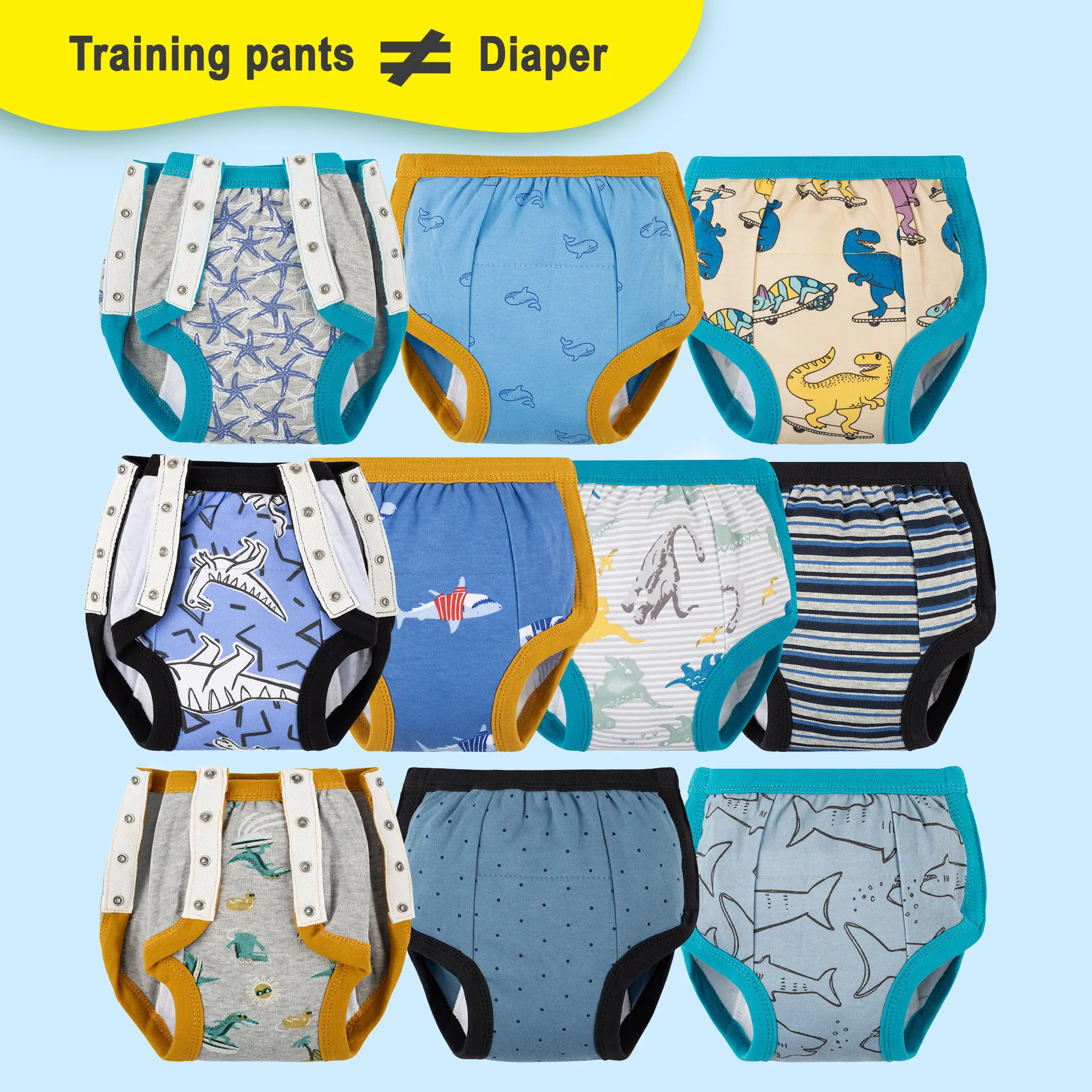 10-Pack Reusable Toddler Potty Training Pants with Side Snaps - Cotton Training Underwear for Boys and Girls