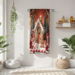 1Pc Christmas Themed Gingerbread House with Decorations Bathroom Hand Towel Bath Towel, Multiple Size Microfiber Towel, Ultra-Soft Quick Dry and Absorbent Polyester Large Bath Towel, Unique Home Decorative Kitchen Tow
