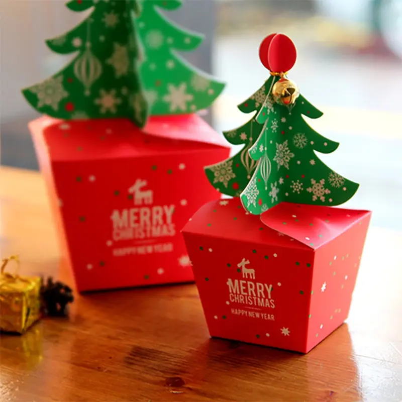 20pcs Christmas Gift Boxes Set – Pop-Up Paper Christmas Tree Design with Bells, Red & Green Color Options, Two Sizes | Ideal for Holiday Treats, Candy, Christmas Apples, Small Party Favors | Perfect for Xmas Gift Packaging, Holiday Party Decorations, Reus
