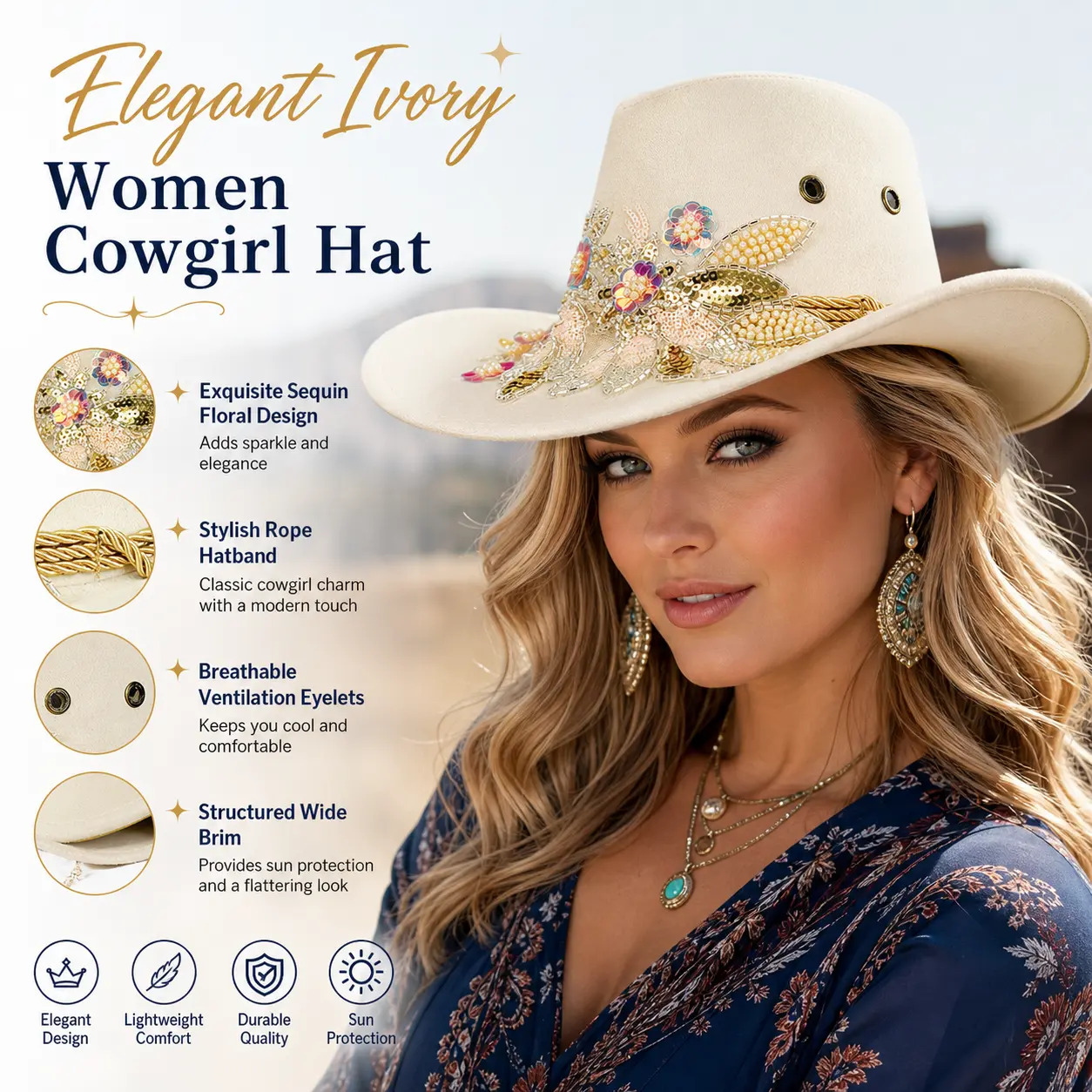 Cream White Wide Brim Cowgirl Hat Handmade Beaded Floral Sequin Embroidery Suede Fedora Adjustable Wind Cord Western Hat Women Festival Beach Headwear