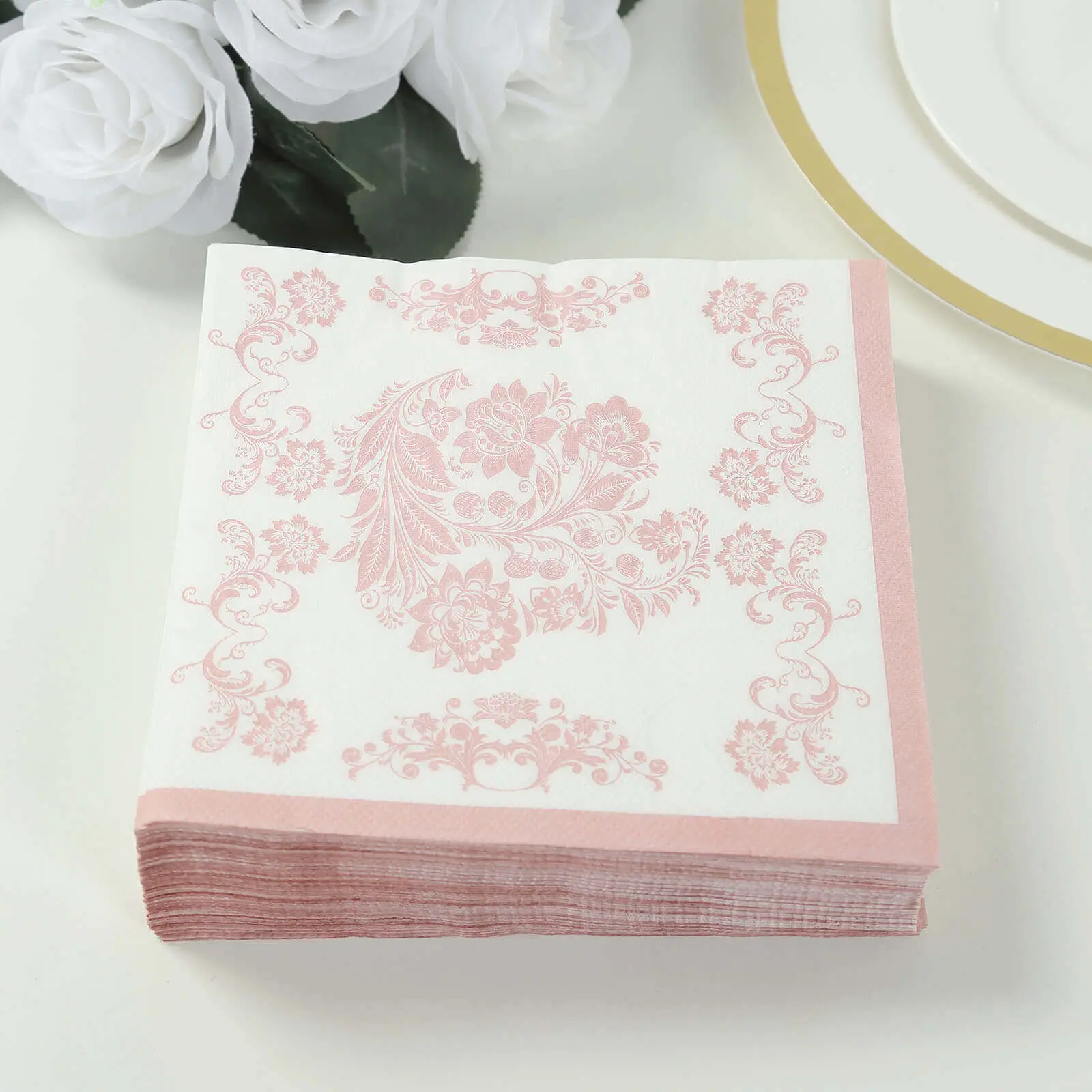 50 Pack 2-Ply Decorative Paper Cocktail Napkins - White Matte Blush Pink Damask Floral Pattern, Disposable Beverage Napkins, Highly Absorbent & Soft, Decorative Paper Napkins