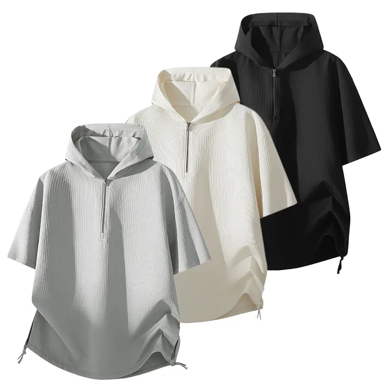 Men's Classic Plain Breathable Shortsleeve Polyester Hoodie - Half-Zip, Side Drawcord, Adjustable Curved Hem, Relaxed Cut, Cold Wash Compatible Daily Basic Top for Campus Gatherings, City Walking, Fabric, Menswear, Shirt, Stylish, Zip Up Hoodie, Foldable,