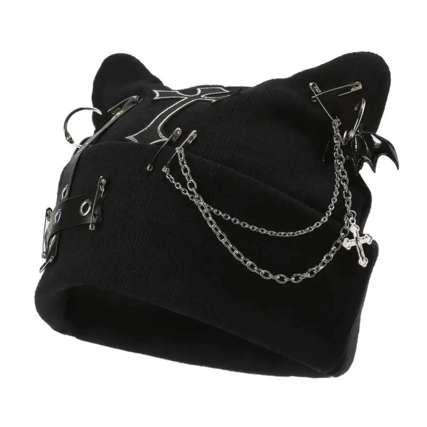 2026Women’s Gothic Cat Ear Beanie with Punk Chain & Bat Charm, Y2K Grunge Winter Cap, Adjustable, Machine Washable, Black Streetwear Accessory