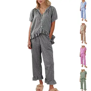 Women Two Piece Sets Y2k Plaid Pajama Sets Ruffle Hem Gingham Short Sleeve Shirt High Waist Bell Bottom Pants Lounge Cute Soft Sets
