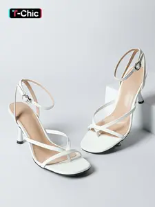 Women's High Heel Sandals, Square Toe Thick Sole Glass Bottom Fashion Slippers, Sandals with Strap, Flip Design, Toenail Ring, Cat Heel Shoes, Footwear, Strappy Summer Sandals