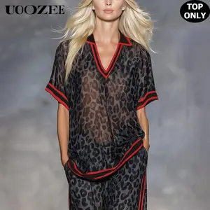 UOOZEE Women's Polyester Sporty New Chic Sheer Leopard Print Chiffon Blouse, Red Trim V-Neck Short Sleeve, Lightweight Loose Fit Summer Shirt (ONLY, Size Down for Slim Look)