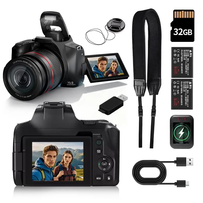 【MUOXUEQN】4K Digital Camera for Photography & Vlogging, 72MP WiFi Touch Screen with 270° Flip Screen, 12X Optical Zoom, with Flash, Anti-Shake, 2 Batteries, 32GB Card