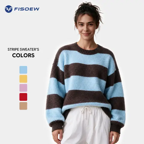 Fisoew Retro Color Block Stripe Sweater Pullover - Lightweight Soft Fuzzy Knit (74% Acrylic, 22% Polyester, 4% Elastane), Oversized Crew Neck, Balloon Long Sleeves, Loose Fit Casual Fall Winter Layering
