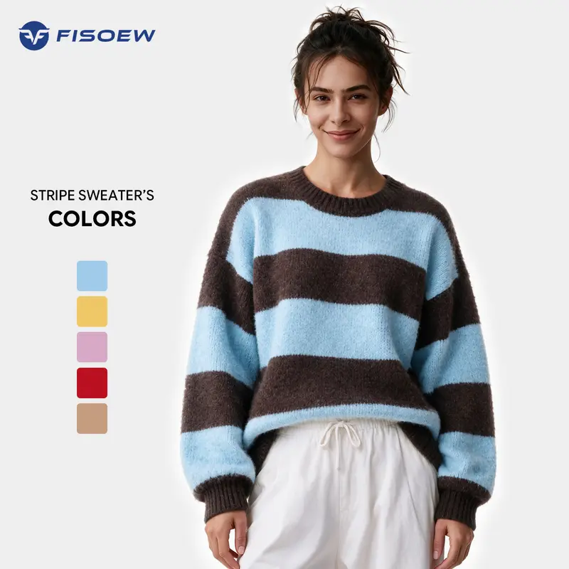 Fisoew Retro Color Block Stripe Sweater Pullover - Lightweight Soft Fuzzy Knit (74% Acrylic, 22% Polyester, 4% Elastane), Oversized Crew Neck, Balloon Long Sleeves, Loose Fit Casual Fall Winter Layering