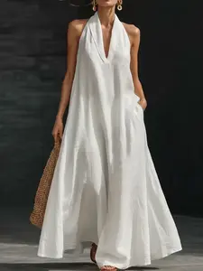 French Style Halter V-Neck Linen-Blend Maxi Dress, Loose A-Line Fit, Flowy Silhouette, Breathable Fabric with Side Pockets, Casual, Elegant and Relaxed