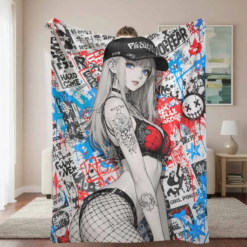 Anime Girl Flannel Blanket Graffiti Sticker Aesthetic Print Super Soft Lightweight Plush Fuzzy Warm Cozy Throw for Living Room Bedroom Sofa Office Couch Camping Travel Gift