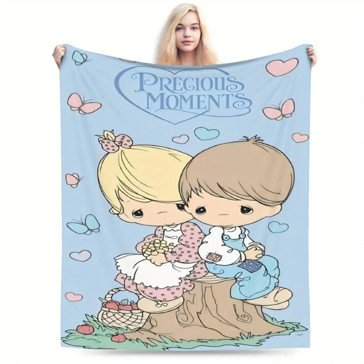 Cute cartoon Precious Moments character print flannel blanket suitable for sofa bedroom living room office and travel in all seasons Vintage Nostalgia Fan Gift Bedding Lounge Throw