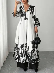 Women's Plus Size Fashion Spring Summer New V Neck Printed Half Sleeve Long Top and Solid Straight Leg Pants Two Piece Set