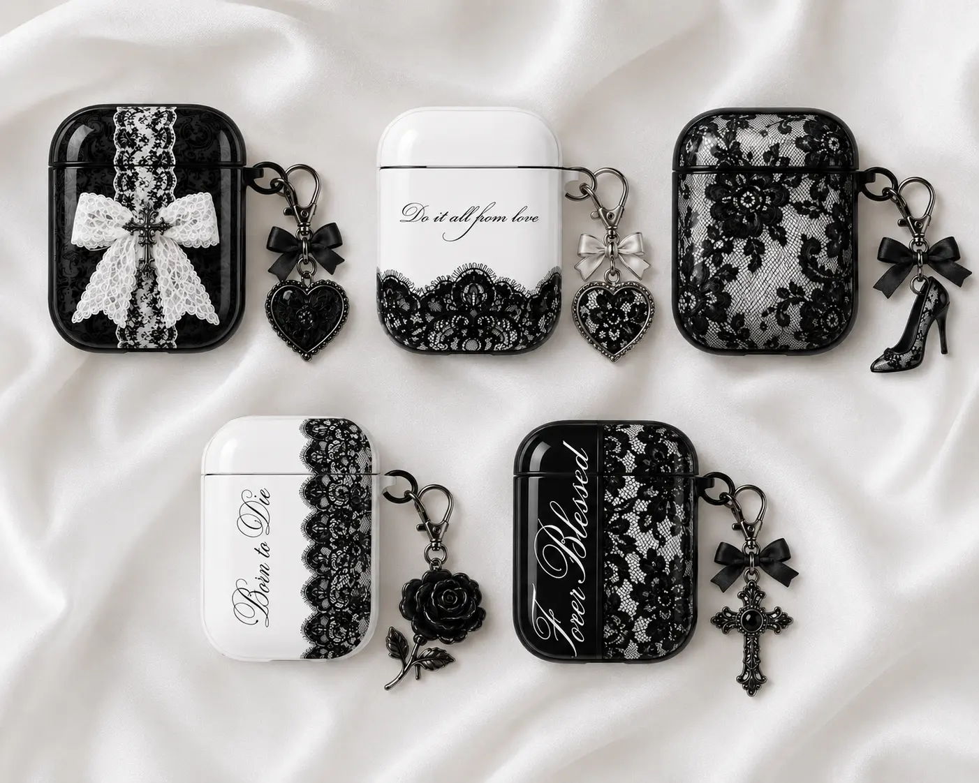 NO KEYCHAIN Personalized Gothic Lace AirPods Case, Black & White Coquette AirPods Pro Cover, Custom Name AirPods Gen 1 2 3 4 Case, Dark Feminine Gift