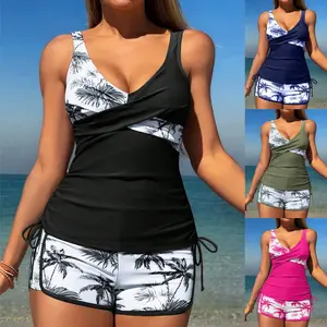 New Trending Beach Pool Party Cross Front Halter Bikini Set – Stylish Women's Boy Shorts Bottoms, Half Solid Color & Floral Print Sexy Swimsuit, Two-Piece Swimwear