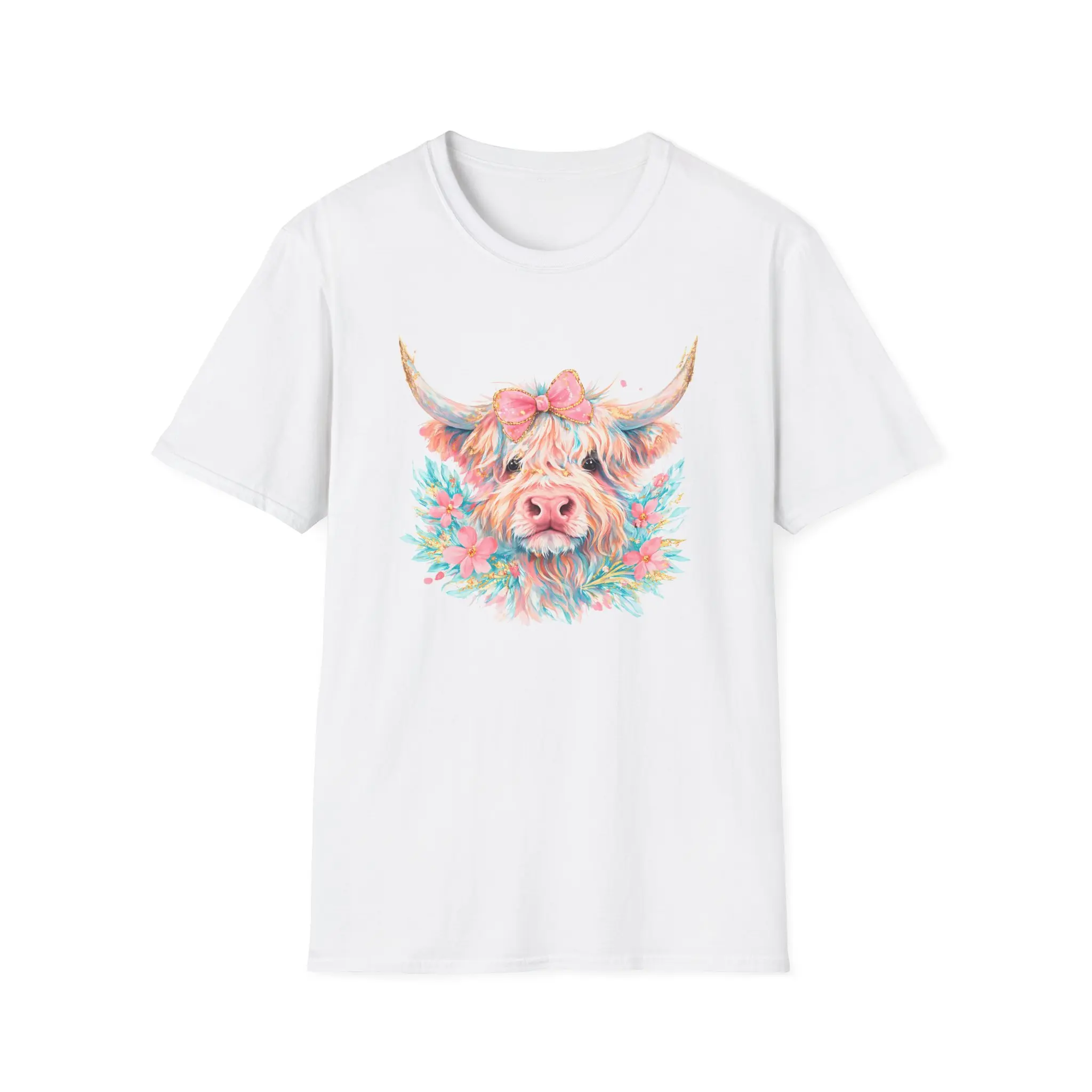 Men's Unisex DTG Print Watercolor Highland Cow T-Shirt - Floral Spring Bow, Lightweight Drape Short-Sleeve Cotton Top, Tshirt, Shortsleeve, Breathable, Pastel, Ribbed, Round Neck, Knit, Soft, Fitted, Fabric, Jeans, Jackets