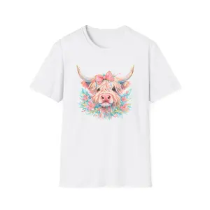 DTG Print Watercolor Highland Cow Tee Floral Spring Bow Cow Cotton Unisex T-Shirts