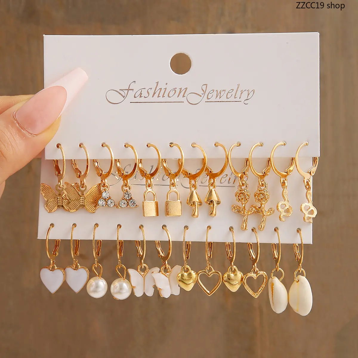 Women's 12-Pack Gold Dangle Hoop Earrings Set - Boho Butterfly Lock, Mushroom, Pearl, Shell, Heart Designs - Stackable Whimsical Coastal Pearl Drop Earrings for Women, Summer Beach Statement Jewelry, Earring For Women