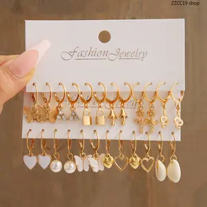 12 Pack Gold Dangle Hoop Earrings Set, Boho Butterfly Lock Mushroom Pearl Shell Heart Earrings, Stackable Cute Jewelry for Women Summer Beach
