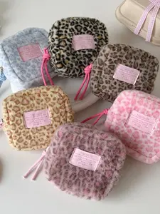 Compact Leopard Print Plush Coin Purse, Small Makeup Bag & Sanitary Pad Organizer, Aesthetic Zippered Wallet for Small Handbags