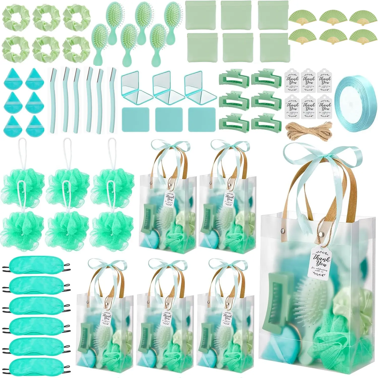 74pcs Baby Shower Game Winners Prizes Kit - Home Supplies Party Favors with Eye-Catching Headband, Hair Brush, 6 Gift Bags, 6 Thank You Cards, Fans, 6pcs Jewelry Pouch for Bridal Event Giveaways (Includes Bags)