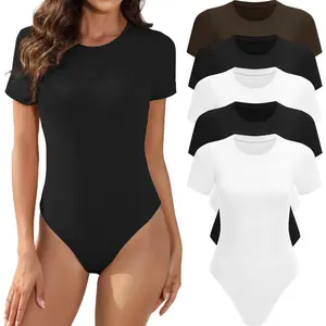 2026 5 Pack Body Suits for Womens Short Sleeve Round Neck Casual Stretchy Basic T Shirt Bodysuit Tops