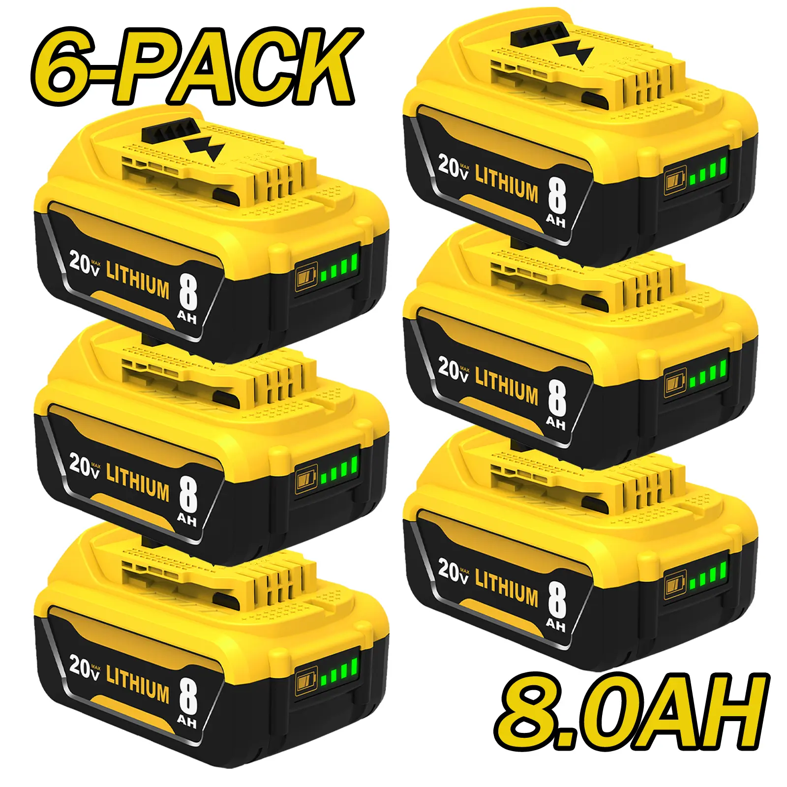 6-Pack 20V Max 8000mAh Lithium Replacement Batteries for Dewalt Cordless Tools, Compatible with Dewalt DCB200, DCB205, DCD, DCF, DCG Series 20V Power Tools, Durable