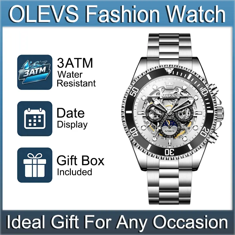 OLEVS 6715 Men's Stainless Steel Automatic Mechanical Diving Watch - 43mm Large Dial, Black Bezel, Skeleton Dial with Calendar, Luminous Hands, 30M - 50M Water Resistant, Mineral Glass Luxury Sports Wristwatch, Ideal Gift for Any Occasion, Large Dial Mech