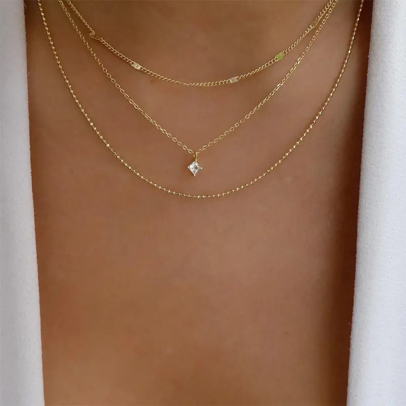 Square diamond necklace sweater chain light luxury high sense niche multi-layer stacked chain collarbone chain women