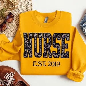 Leopard Print Embroidered Sweatshirt 2019 - Casual Crew Neck, Machine Washable, All Seasons, Perfect for Nurses - Comfort Crewneck