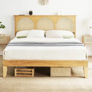 Queen Wood Bed Frame with Natural Rattan Headboard, Boho Platform Bed with LED Lights, No Box Spring Needed, Strong Wooden Slats, Easy Assembly