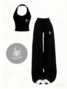 Women's New 2-Piece Set, Sexy Fitted Tube Top with Y2K Skull Hand Pattern Print + High Waist Drawstring Straight Leg Pants, Urban Outdoor Nightwear, Casual