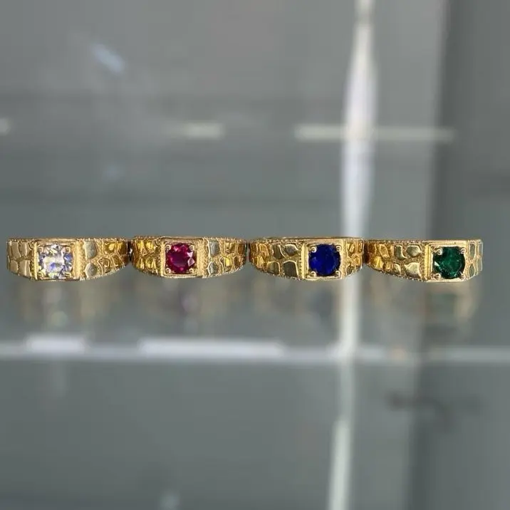 14K Gold Men's Nugget Ring with Colorful CZ Stones for Stylish Elegance