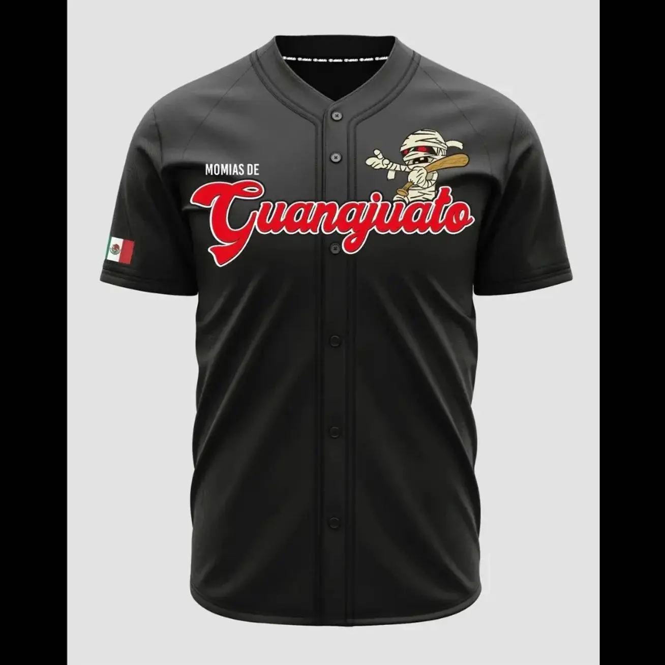 Unisex Momias de Guanajuato Black Red/White Blue Baseball Jersey – Mexico Heritage Button-Up Jersey, Retro Mummy Graphic Sports Shirt, Unisex Fan Apparel