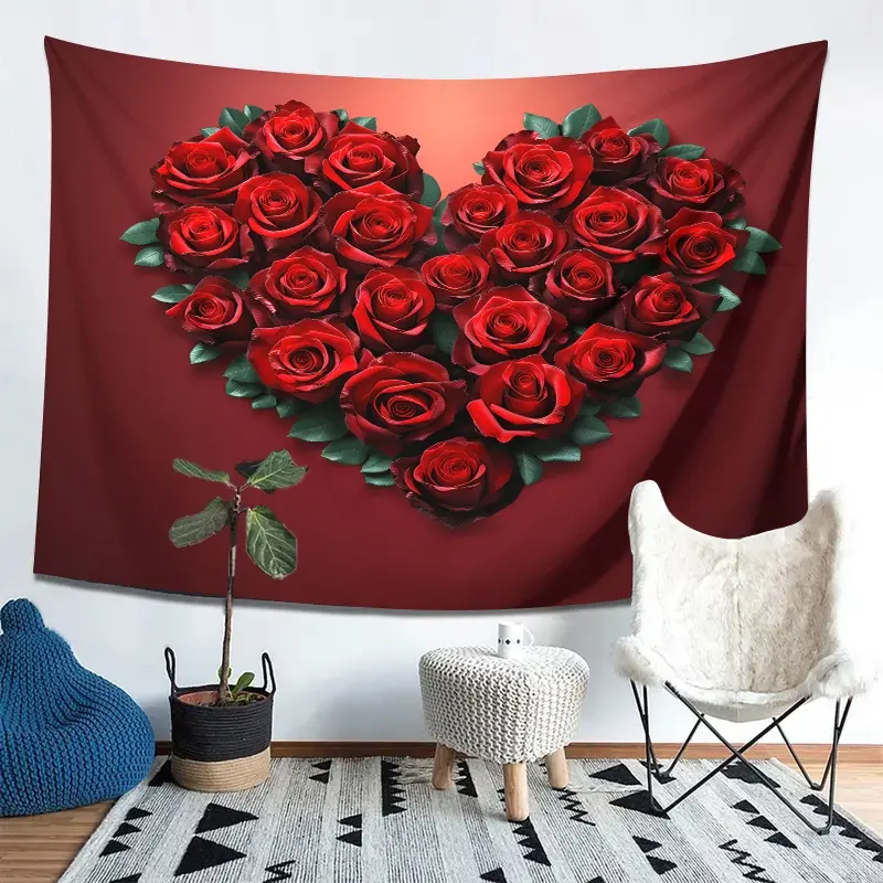 Heart-Shaped Rose Print Rug, Large Size Decorative Carpet for Bedroom Office Living Room, Easy Home Decoration, No Installation Needed