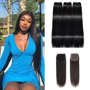 Straight Bundles Human Hair 14A Unprocessed Brazilian Human Hair Bundles Double Machine Weft for Black Women Hair Extensions Straight Bundles Human Hair Natural Black Color 3/4 Bundles