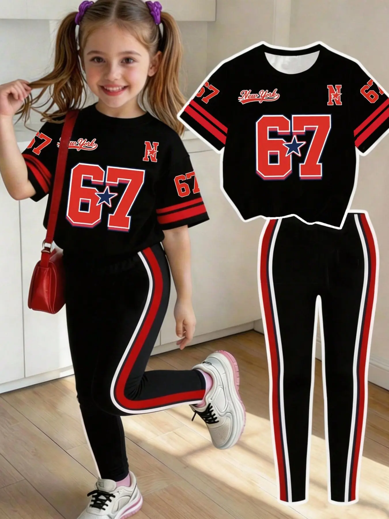Girls' Sporty Letter Print Set, Casual 2-Piece, Sporty Tee Set, T-Shirt & Tight Bottoms, Comfortable Elastic Waist, Spring Summer Wear, Ages 4-12
