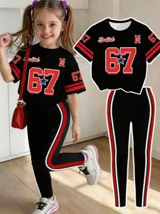 Girls' Sporty Letter Print Set, Casual 2-Piece, T-Shirt & Tight Bottoms, Comfortable Elastic Waist, Spring Summer Wear, Ages 4-12, Jersey Top