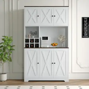 71" Tall White Kitchen Pantry Cabinet with Charging Station, Farmhouse Freestanding Cupboard Kitchen Hutch with Microwave Stand & Drawers & Wine Bar  shipped in separate packages.