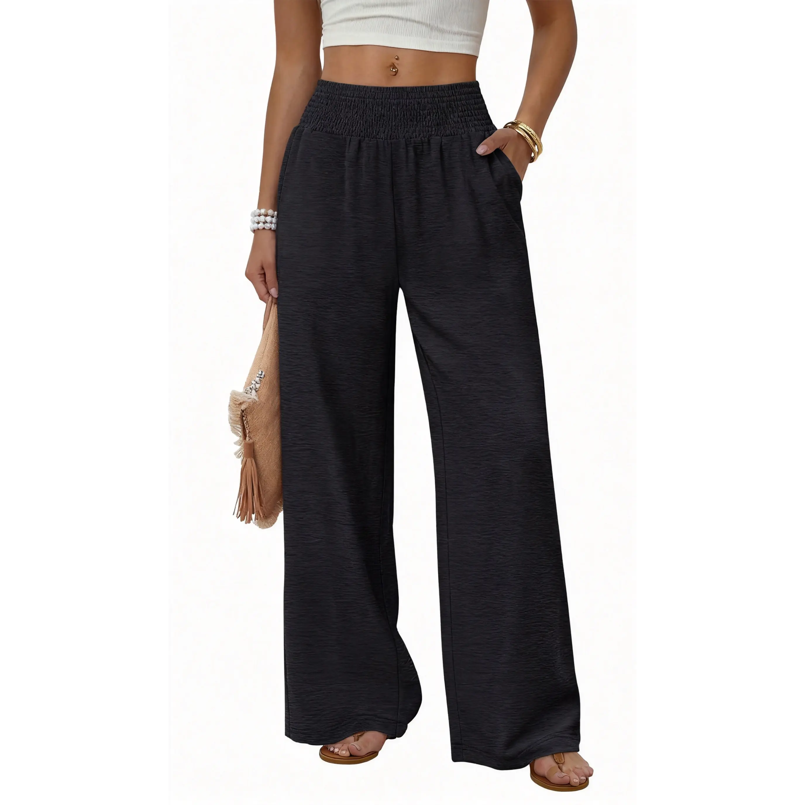 Women’s High-Waist Baggy Wide-Leg Elastic-Band Palazzo Pants - Basic, Chic, Comfortable, Lightweight Relaxed-Fit Bottoms with Functional Pockets for Summer Beach Trips & Casual Daily Wear